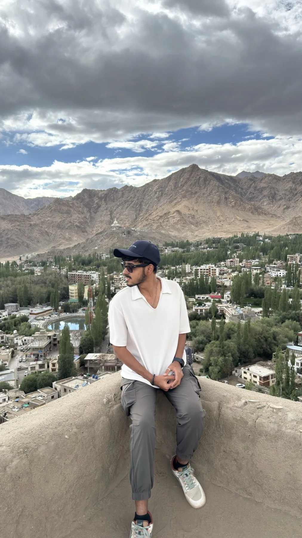 Looking over Leh town from Leh Palace, Shanti Stupa on the ridge behind